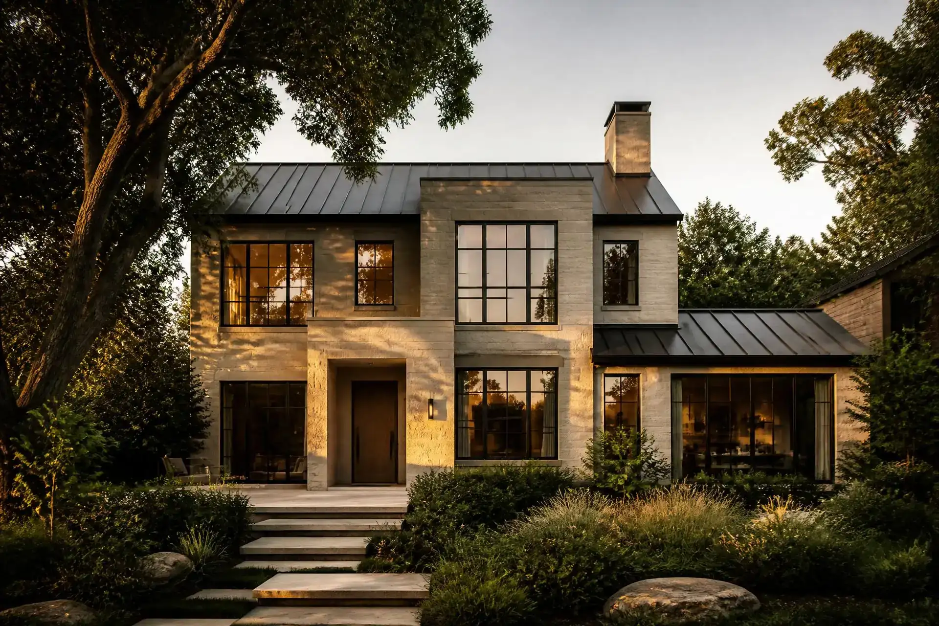 Modern home exterior at golden hour in Washington Township